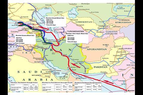 Map of freight transport corridors between Mumbai and the Mediterranean via Iran, Azerbaijan and Georgia.